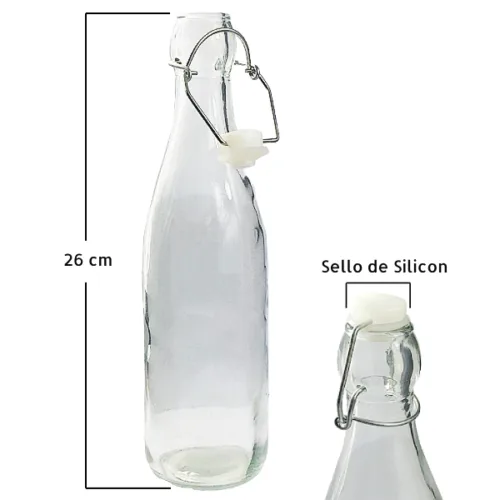 Botella de vidrio con tapa abatible a presión 532ml.