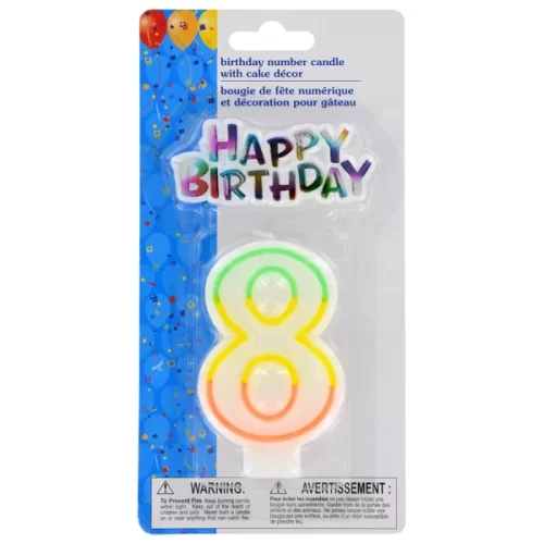 Vela decorativa numero 8 PARTY CANDLES con mensaje Happy Birthday