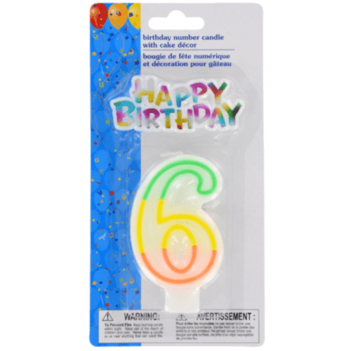 Vela decorativa numero 6 PARTY CANDLES con mensaje Happy Birthday