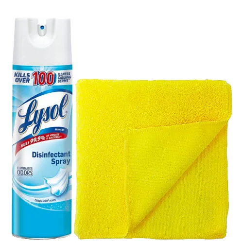 Combo de limpieza 1 Lysol spray crisp linen y 1 paños de microfibra Kirkland