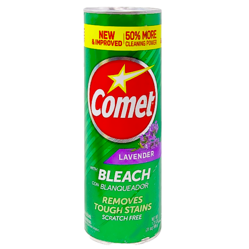 limpiador en polvo con blanqueador COMET  fragancia lavanda 595g.