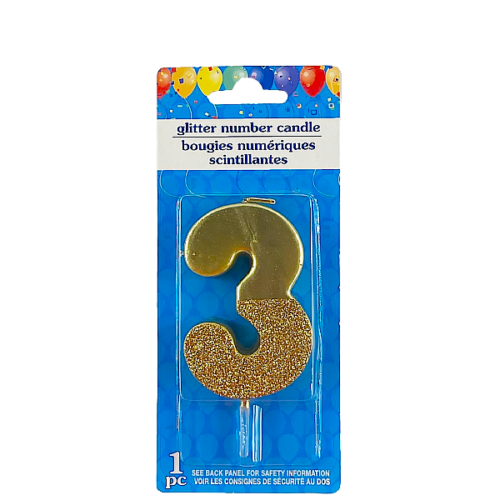 Vela decorativa numero tres glitter number candle dorada
