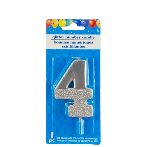 Vela decorativa numero cuatro glitter number candle plateada