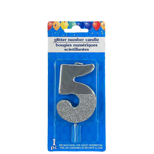 Vela decorativa numero cinco glitter number candle plateada