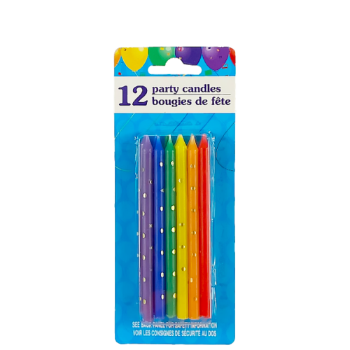 Velas de cumpleaños PARTY CANDLES largas con lunares 12 und. de 11cm